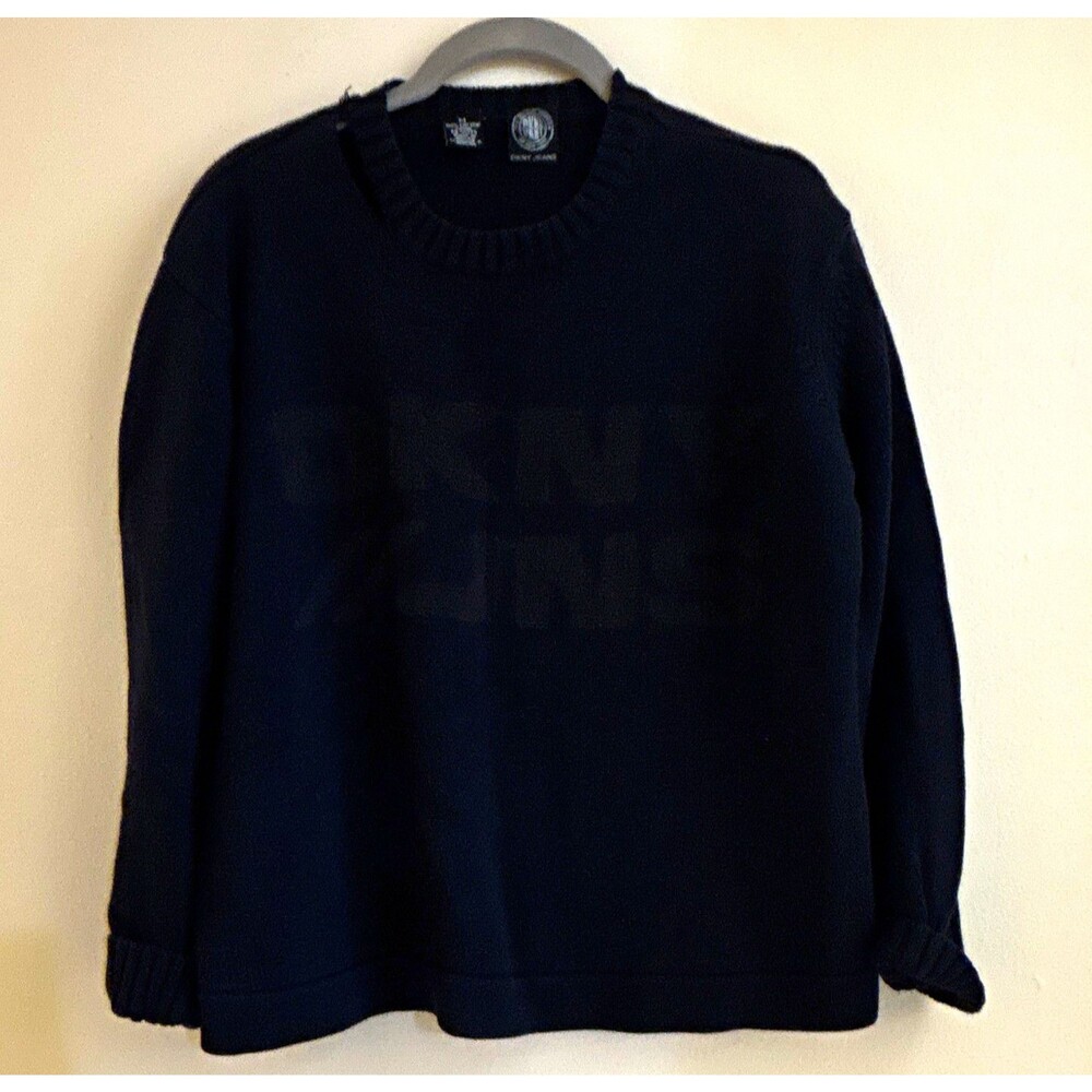 Vintage DKNY Jeans Navy 100% Cotton Knit Crewneck Logo Pullover Sweater
